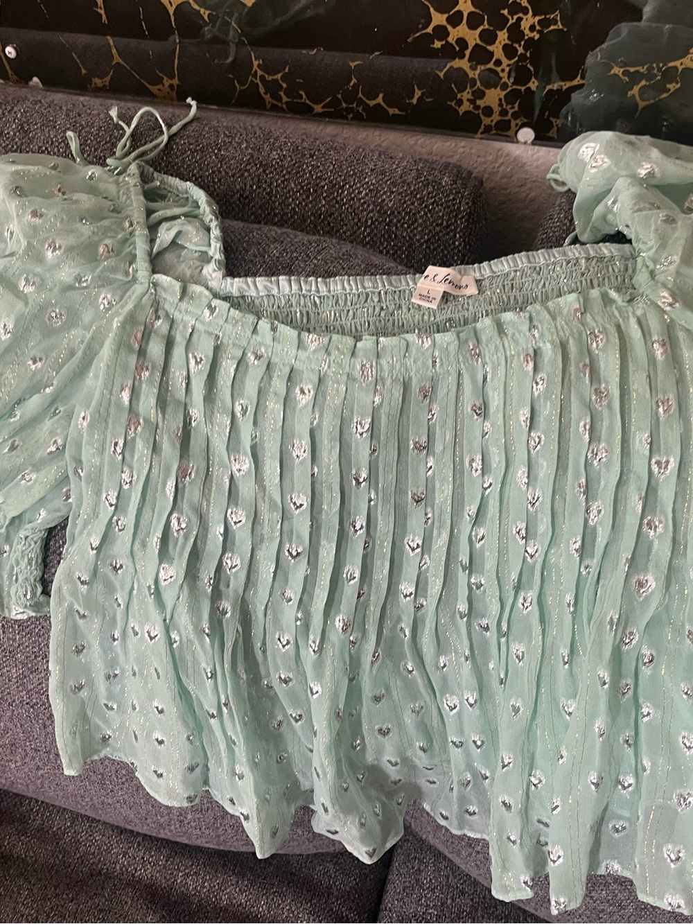 For Love & Lemons Mint Green Metallic Dot Off-Shoulder Crop Top